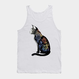 Vibrant Lotus Cat - Black and White Feline with Colorful Flower Design Tank Top